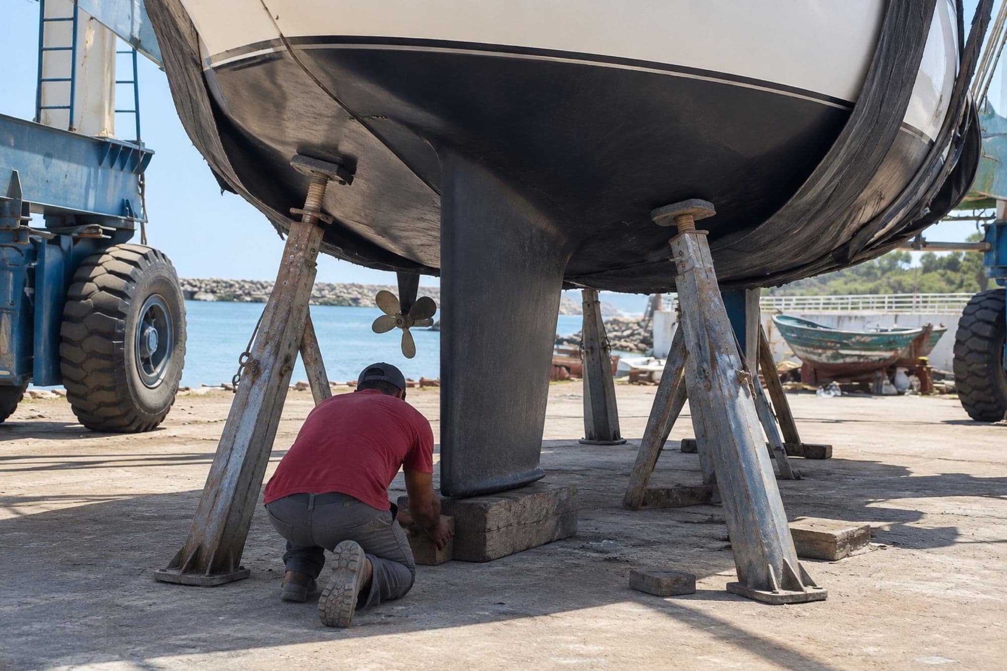 Travail sous la coque d'un voilier, chantier de Tabarka