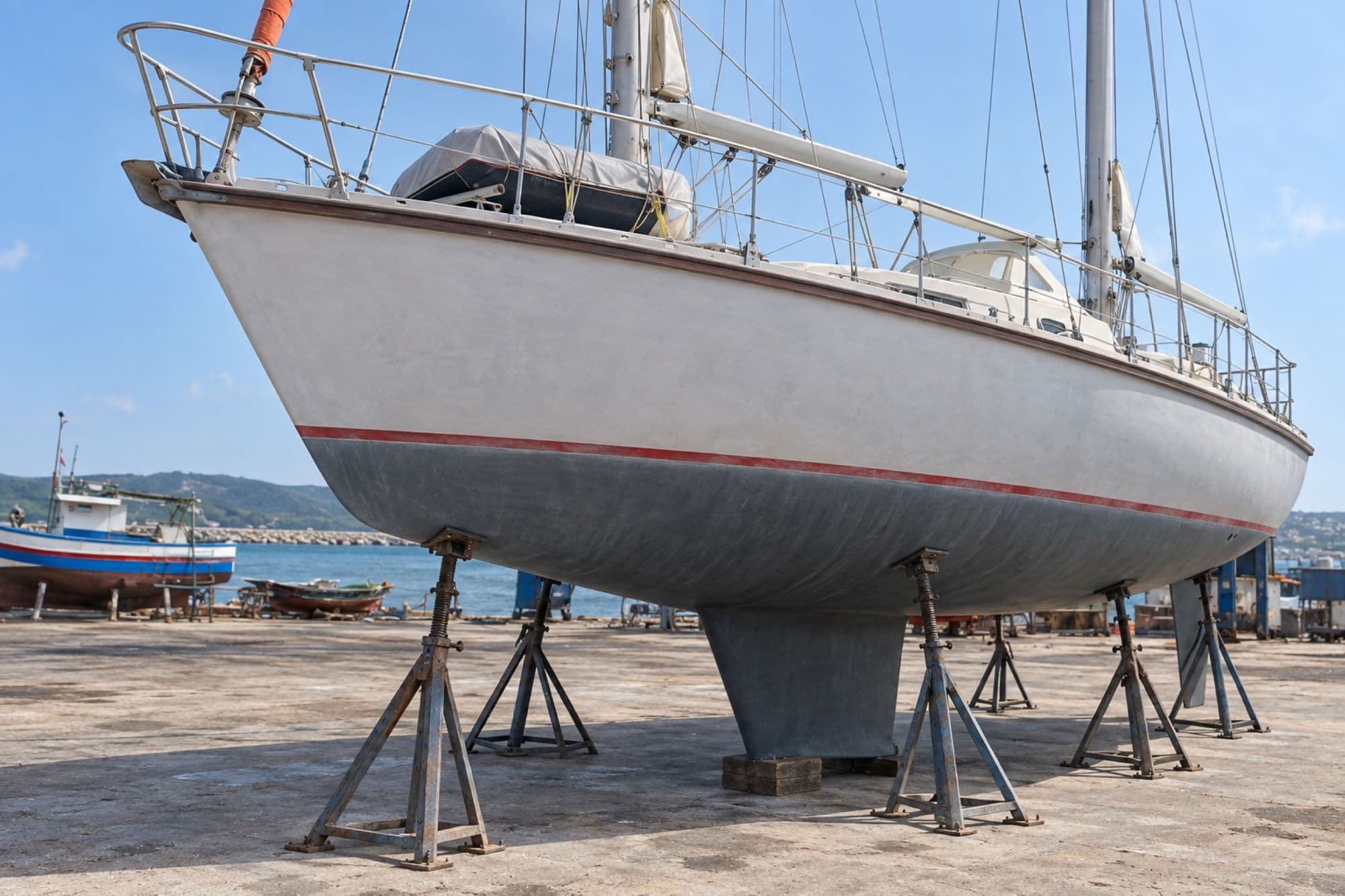 Voilier sur bers au chantier de Tabarka, coque poncée avant antifouling